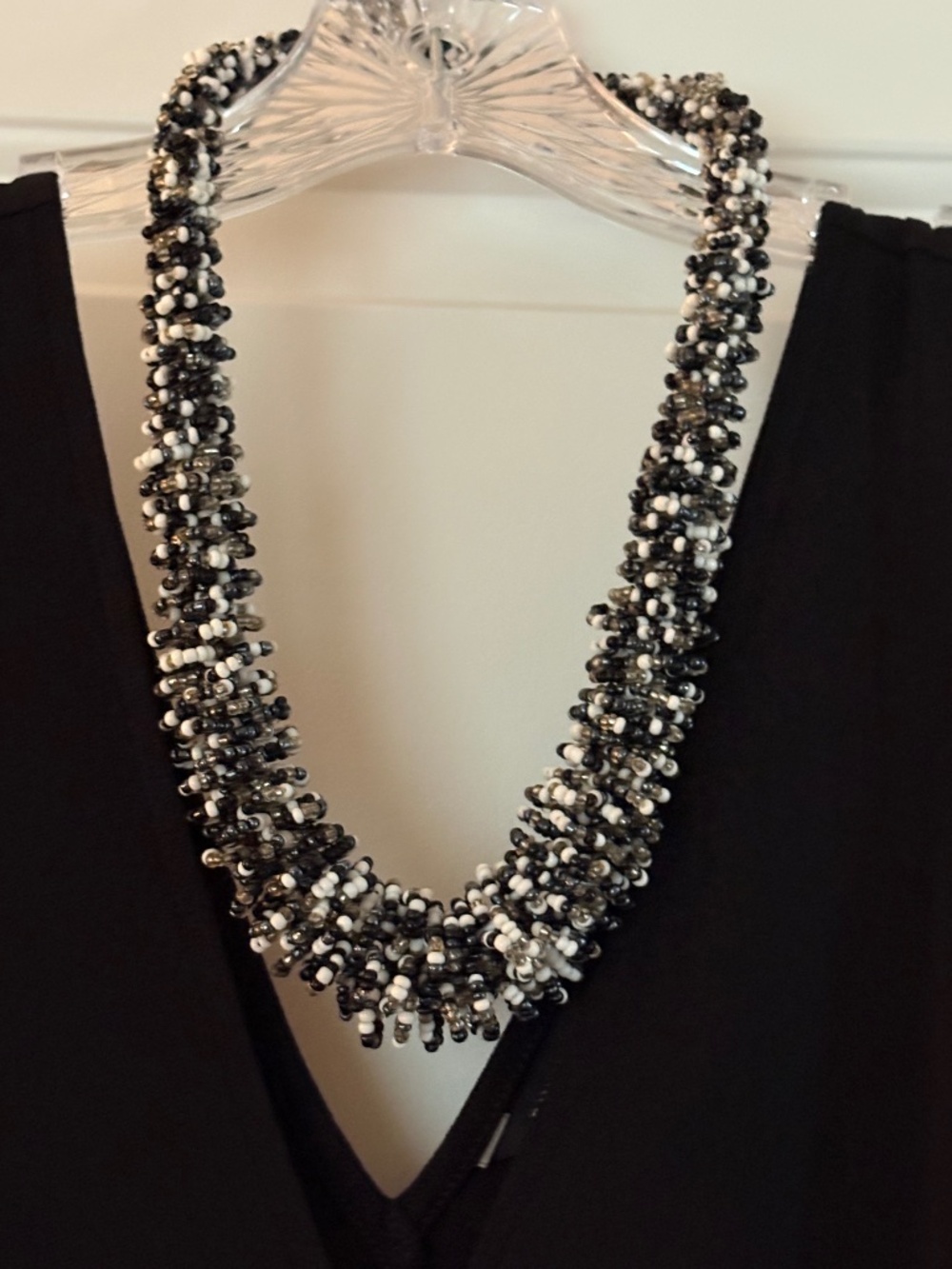 Unique Beaded Statement Necklace Looped Design Adjustable Black White
